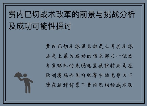 费内巴切战术改革的前景与挑战分析及成功可能性探讨