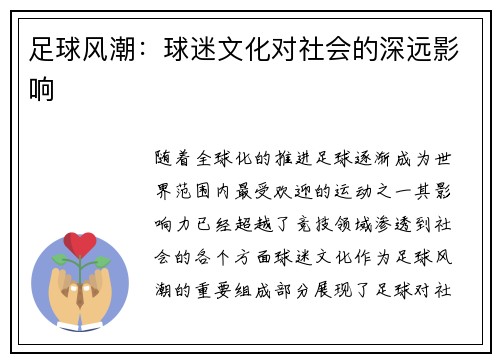 足球风潮：球迷文化对社会的深远影响
